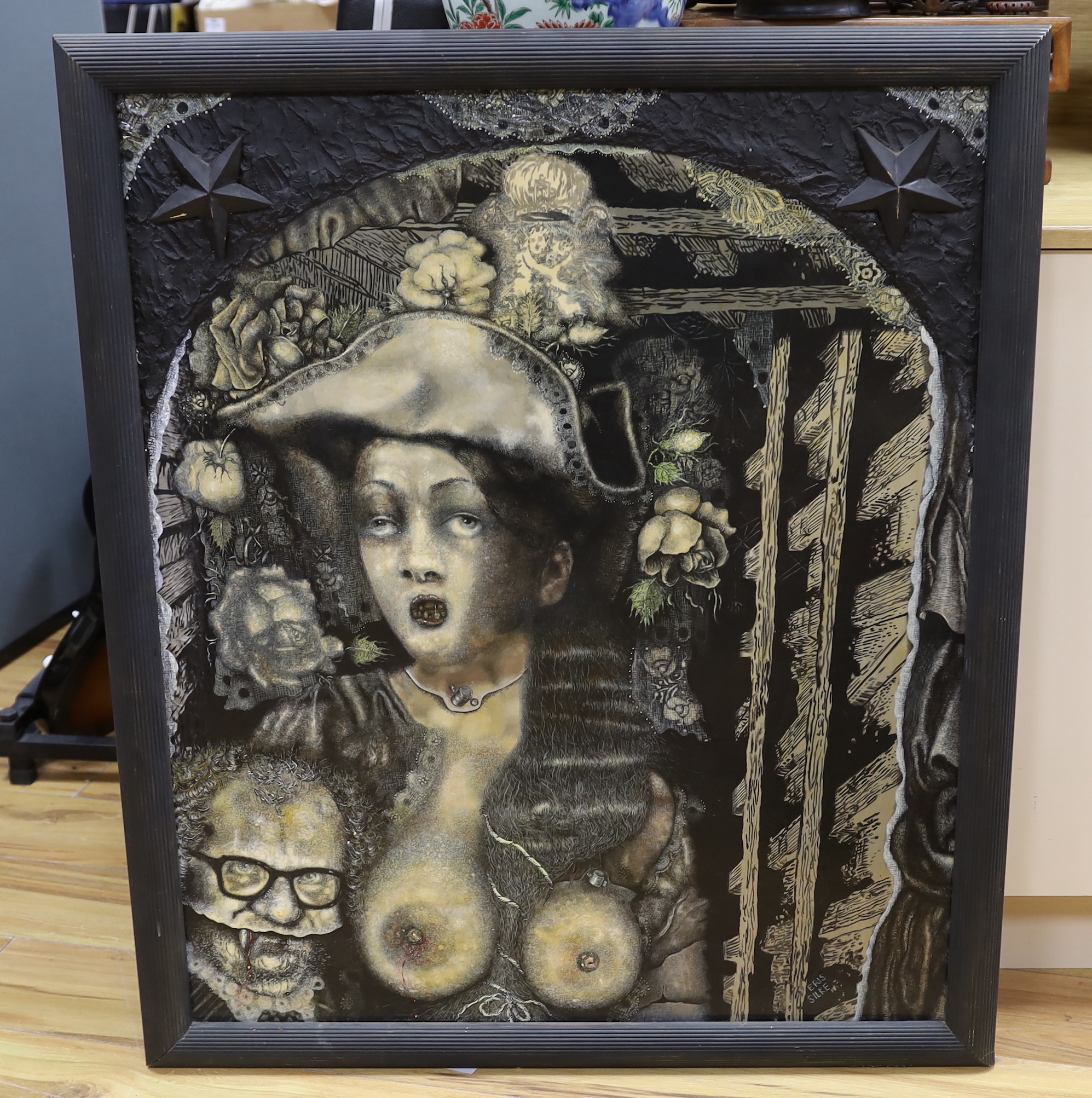 Ers Silke (SA, b.1947), mixed media and collage, 'Vampires', signed, 90 x 75cm